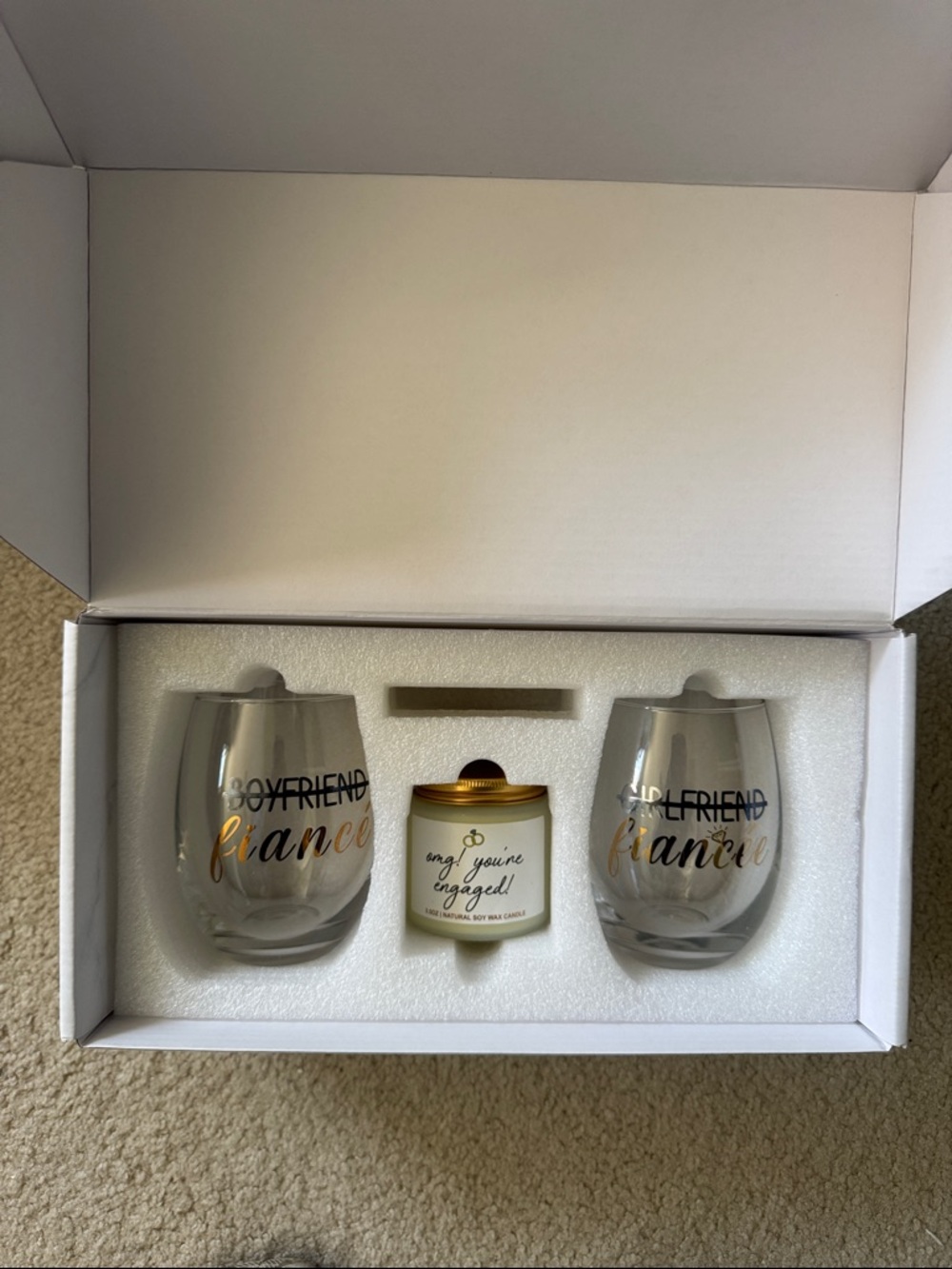 Engaged Stemless Wine Glass Set with Candle - Gold Script